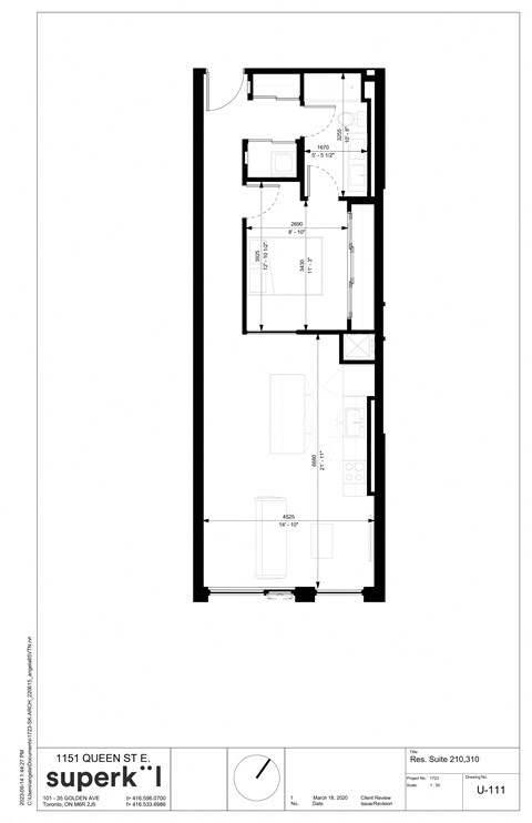 Floor plan for 1 bed, 1 bath, 692 sqft